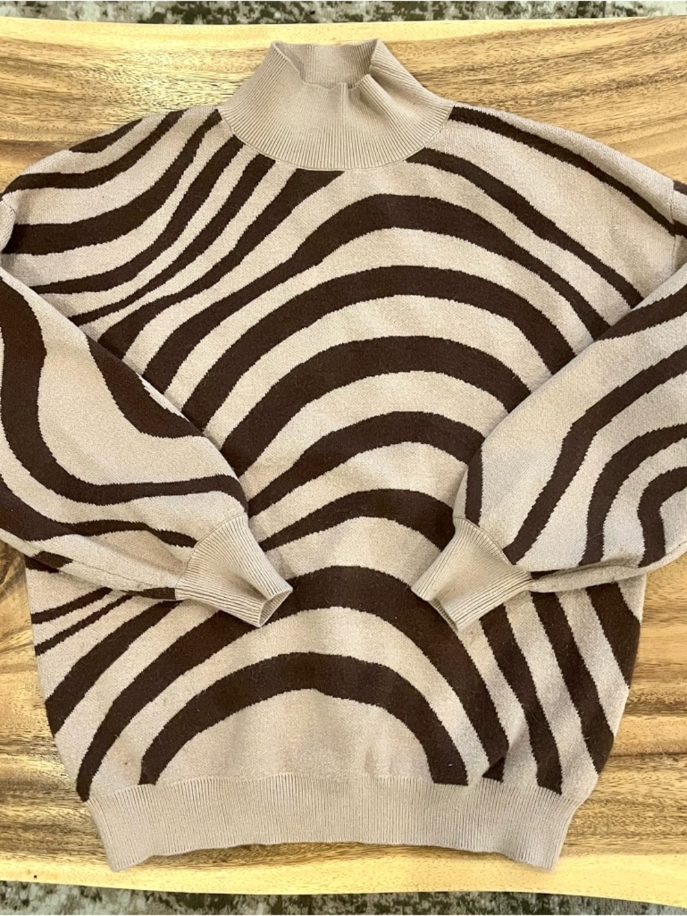 Turtleneck Wave-Stripe Sweater in Brown & Cream